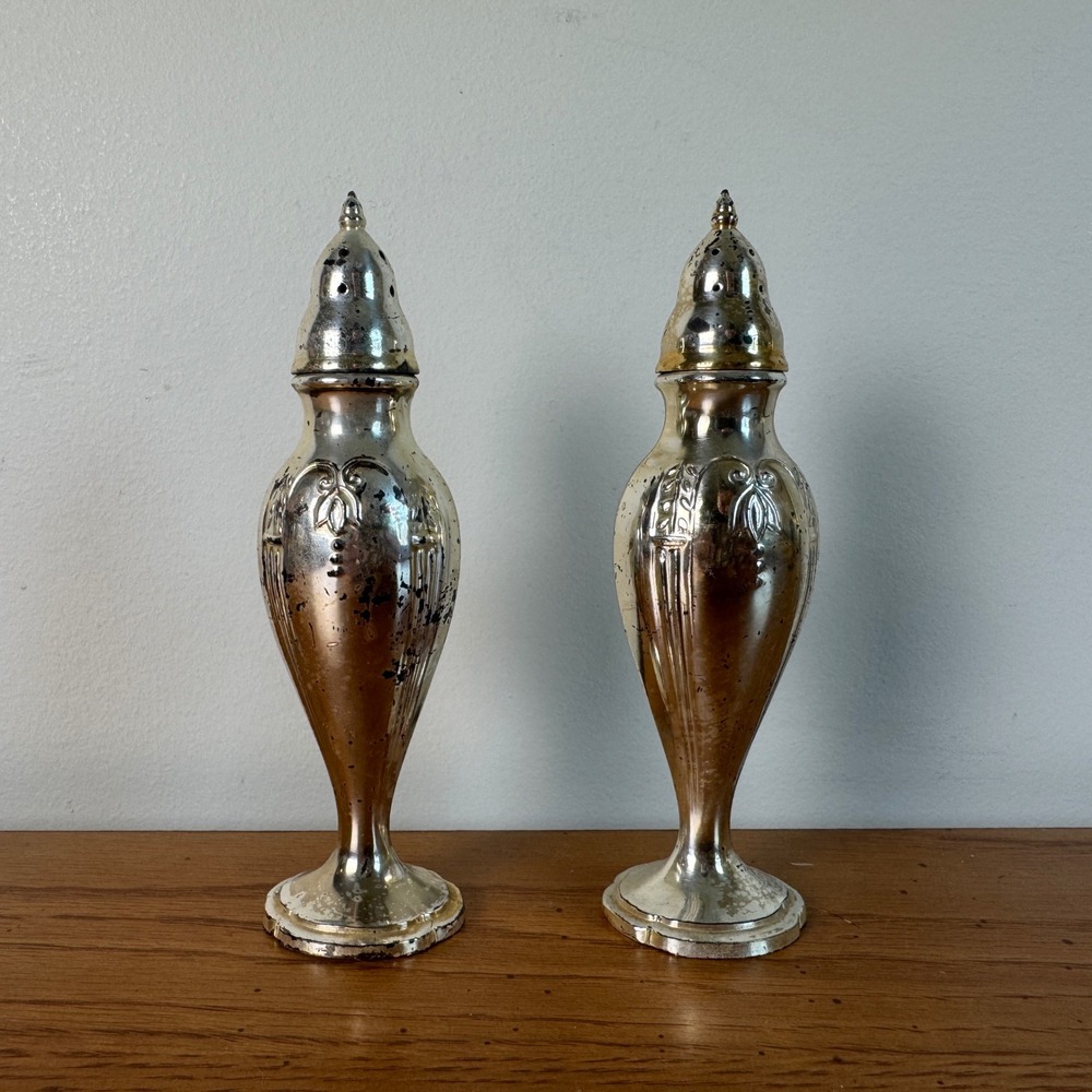 Stanhome Vintage Chrome‎ Finish Metal Salt Pepper Shakers Embossed Ornate USA